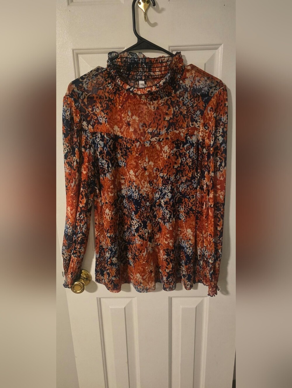 Floral High-Neck Long Sleeve Women’s Top - Orange Navy